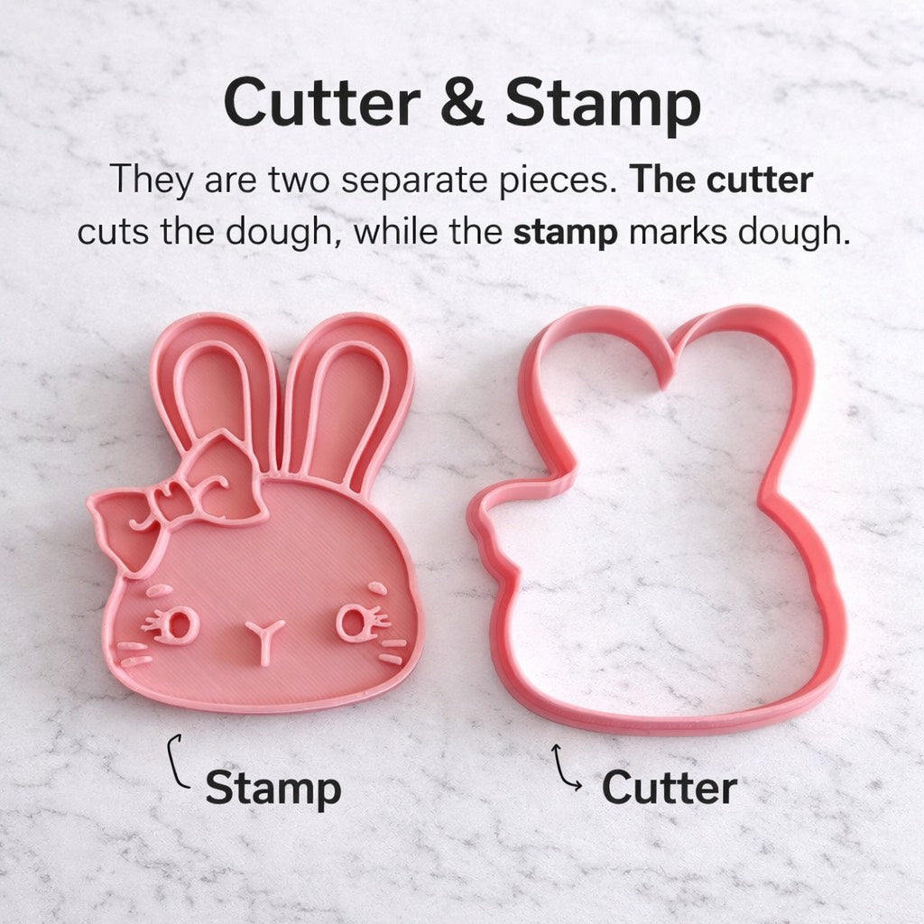 Cortador y sello de galleta coneja con lazito pascua para fondant reposteria, galletas, masa fria y manualidades.