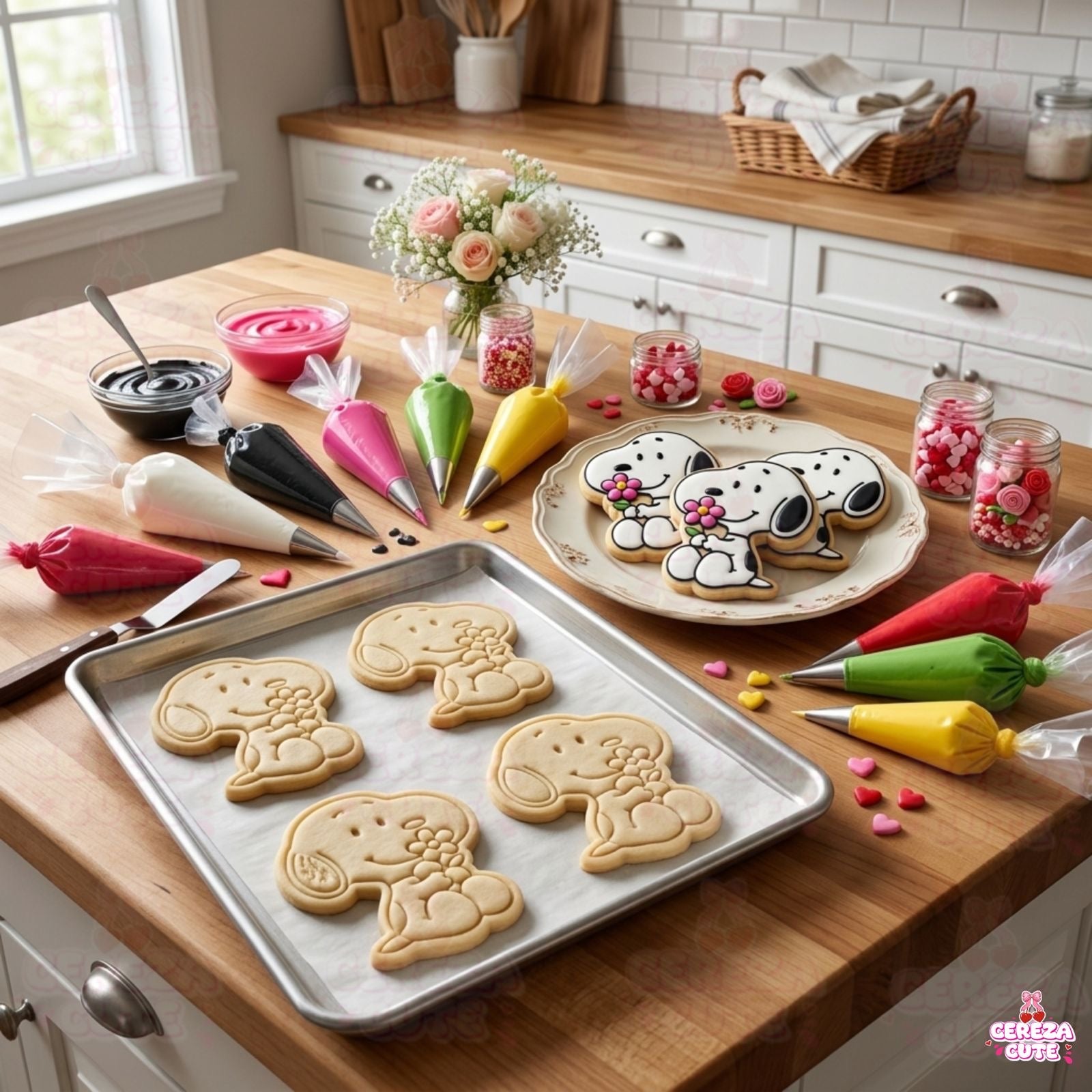 Cortador y sello de galleta perro animado con flores para fondant reposteria, galletas, masa fria y manualidades.