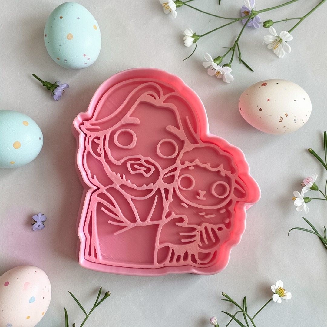 Cortador y sello de galleta Jesus de Nazareth con oveja para fondant reposteria, galletas, masa fria y manualidades.