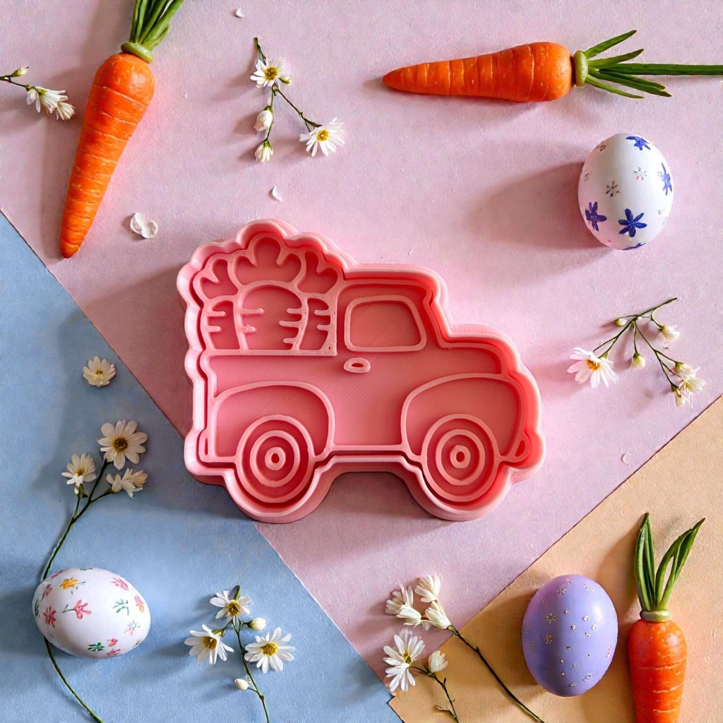 Cortador y sello de galleta auto con zanahoria pascua para fondant reposteria, galletas, masa fria y manualidades.