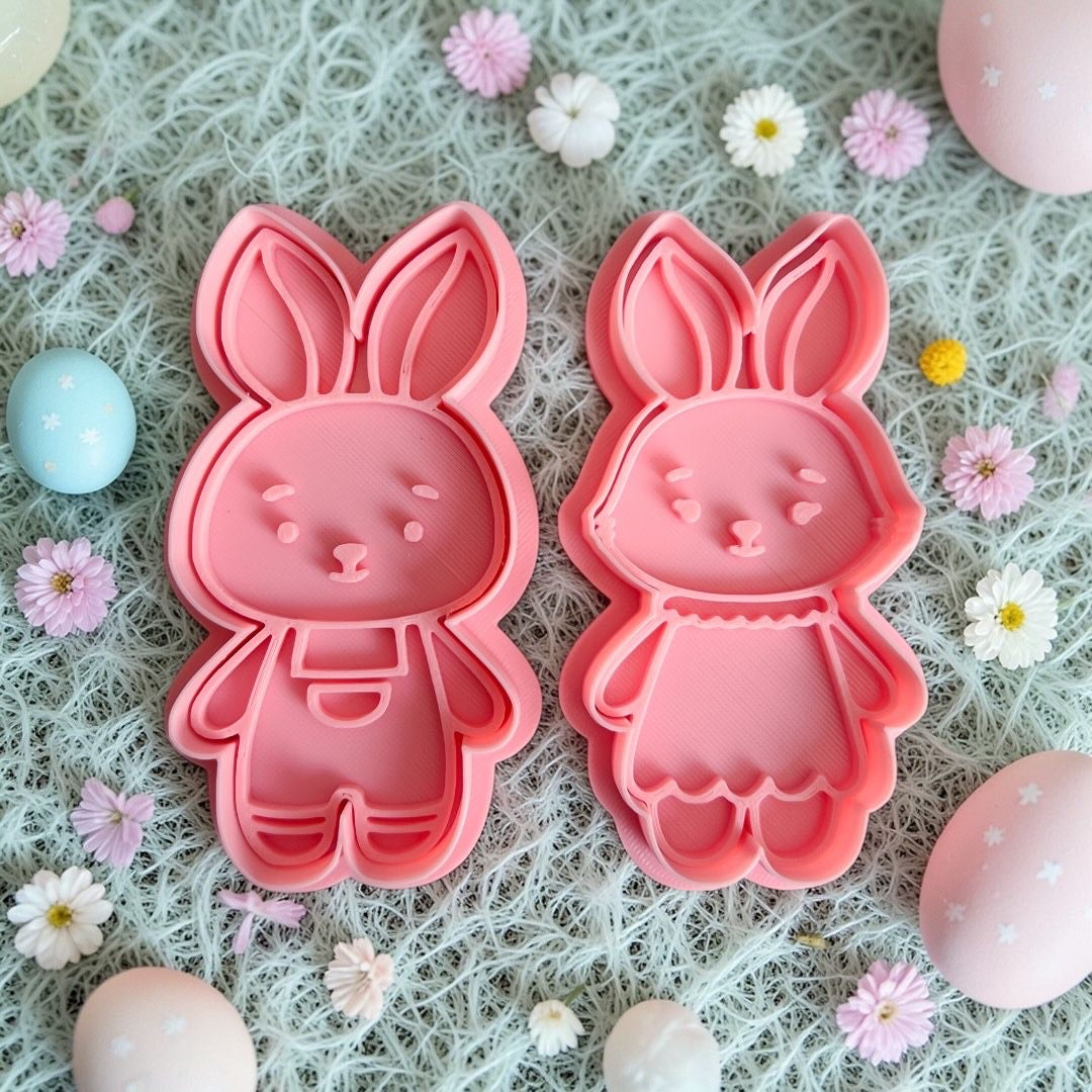 Cortadores y sellos de galletas de Pareja de conejos amor y amistad para fondant reposteria, galletas, masa fria y manualidades.