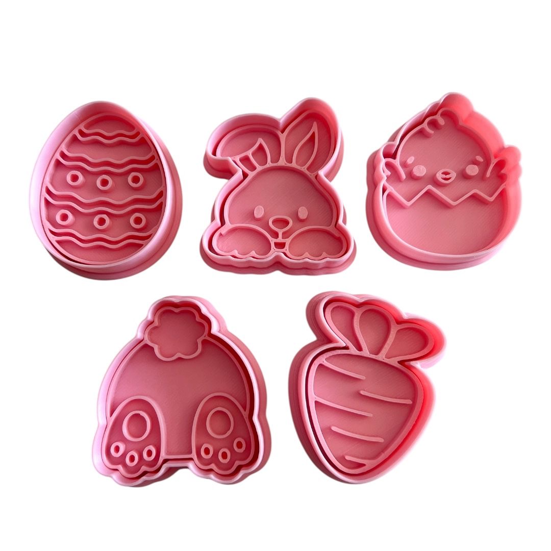 Cortadores y sellos de galletas Set de 6 figuras de Pascua, conejos, huevos vaca, de 5cm para fondant reposteria, galletas, masa fria y manualidades.