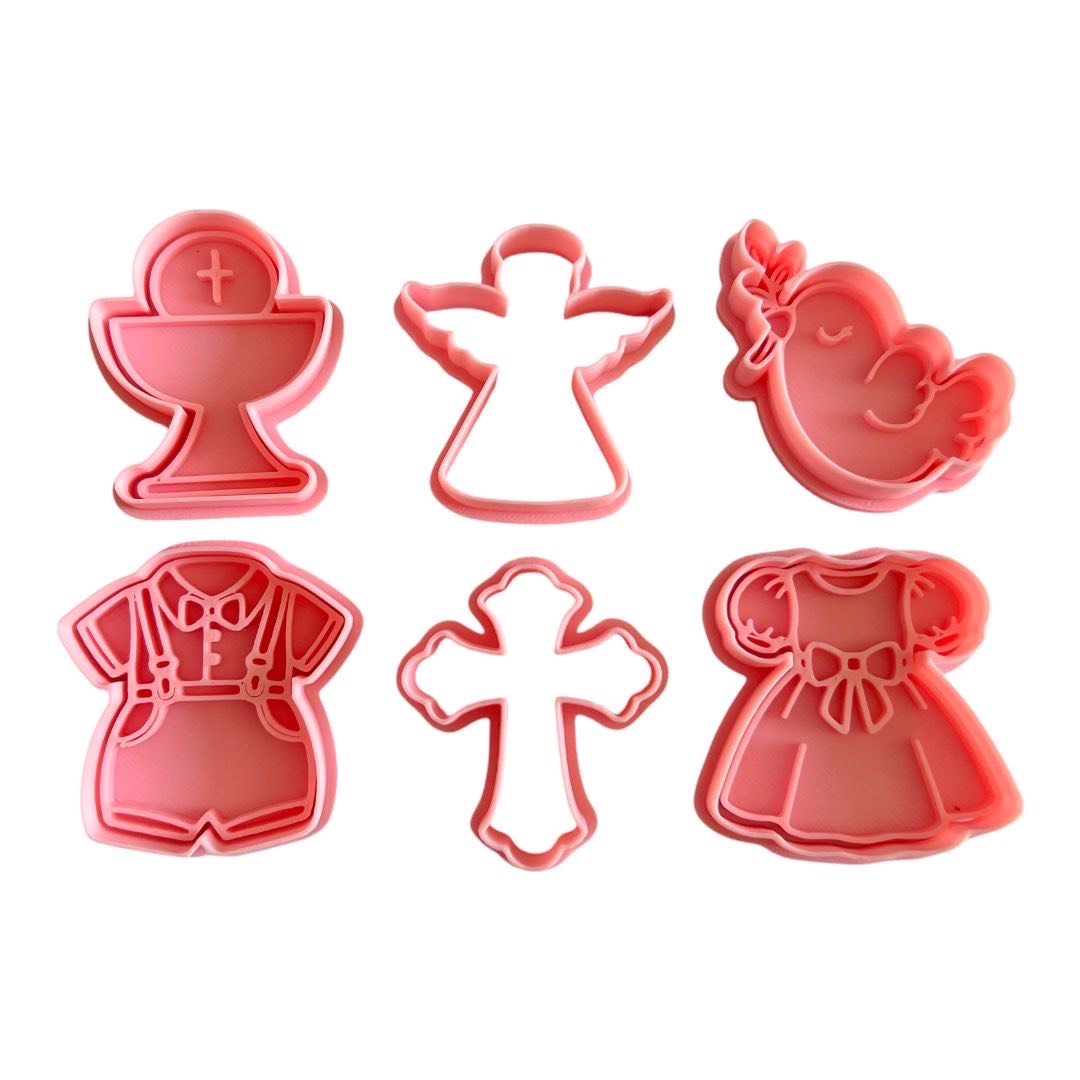 Cortadores y sellos de galletas Set de 6 diseños de Bautizo, comunion y confirmacion, Religion, de 5cm para fondant reposteria, galletas, masa fria y manualidades.