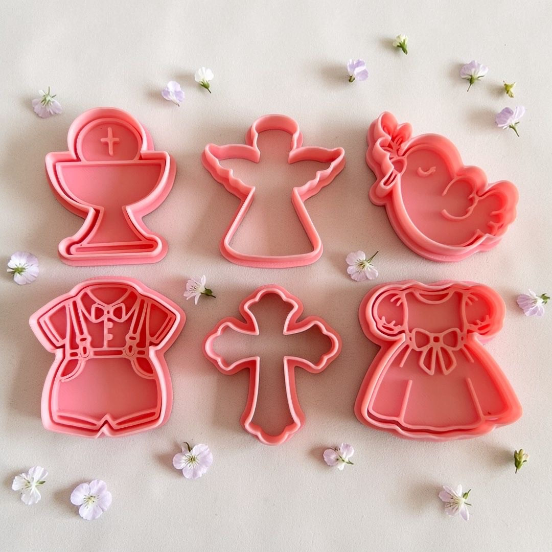 Cortadores y sellos de galletas Set de 6 diseños de Bautizo, comunion y confirmacion, Religion, de 5cm para fondant reposteria, galletas, masa fria y manualidades.