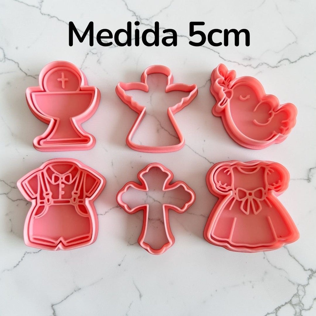 Cortadores y sellos de galletas Set de 6 diseños de Bautizo, comunion y confirmacion, Religion, de 5cm para fondant reposteria, galletas, masa fria y manualidades.