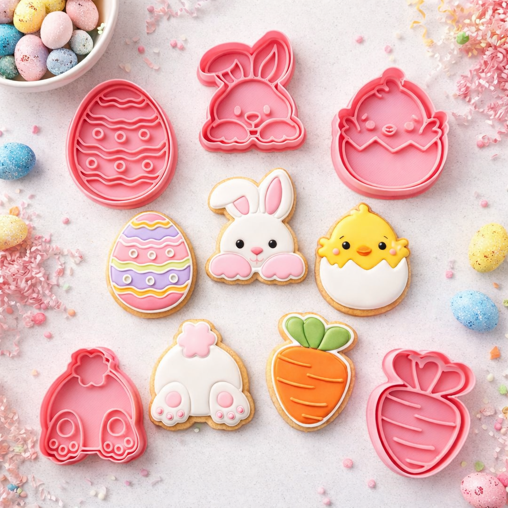 Cortadores y sellos de galletas Set de 6 figuras de Pascua, conejos, huevos vaca, de 5cm para fondant reposteria, galletas, masa fria y manualidades.