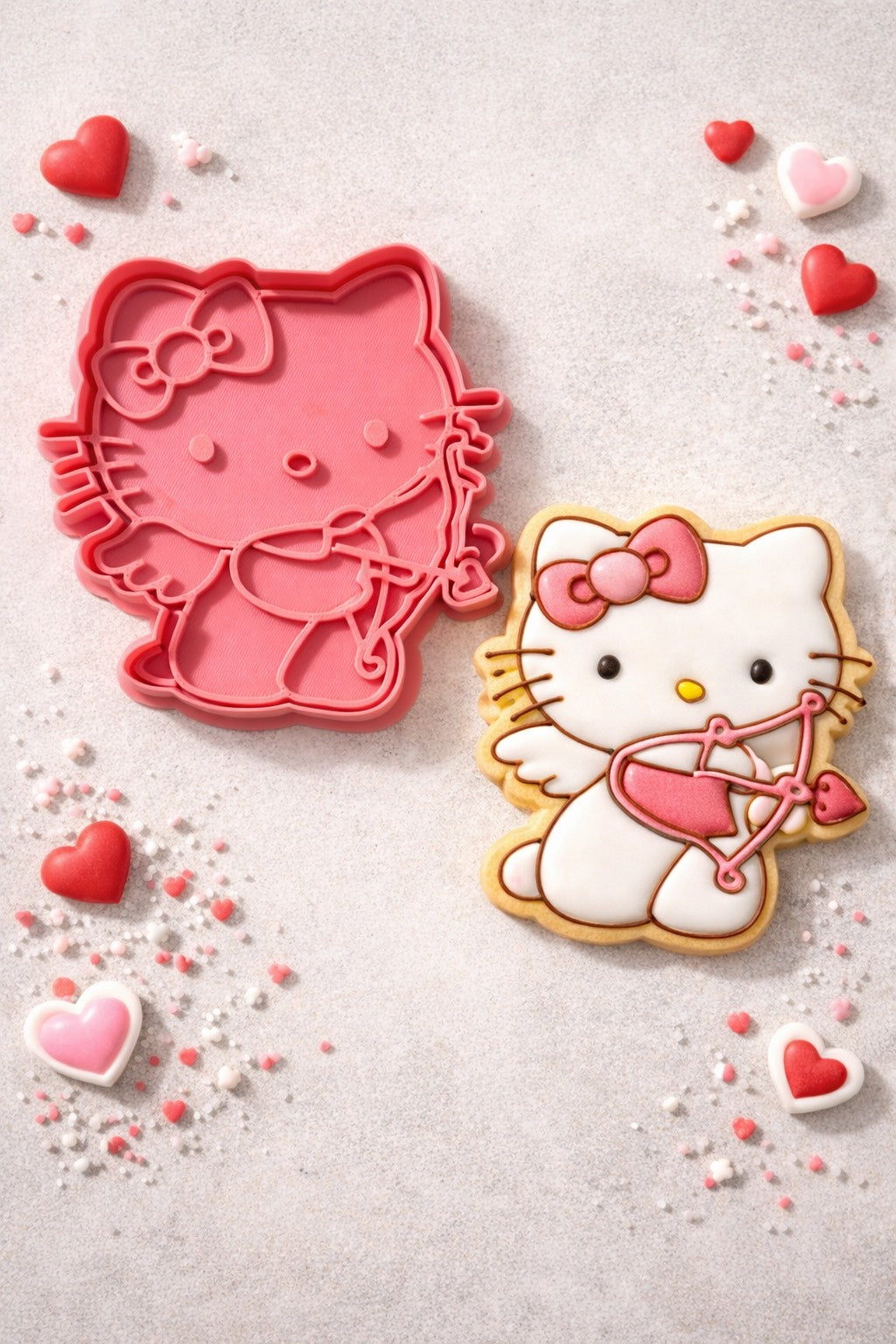 Cortador y sello de galleta Gata Kitty cupido amor y amistad para fondant reposteria, galletas, masa fria y manualidades.