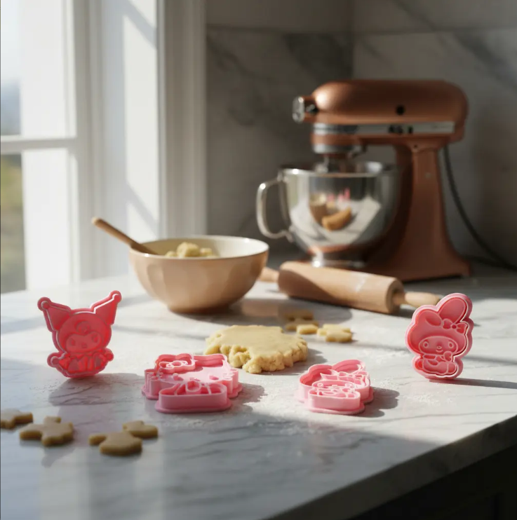 Cortadores y sellos de galletas, Set de 5 figuras de Anime Kawaii Gata Kitty 5cm para fondant, reposteria, galletas, masa fria y manualidades.