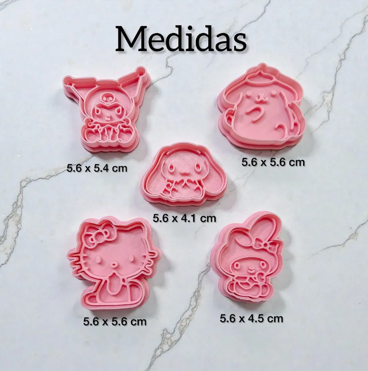 Cortadores y sellos de galletas, Set de 5 figuras de Anime Kawaii Gata Kitty 5cm para fondant, reposteria, galletas, masa fria y manualidades.