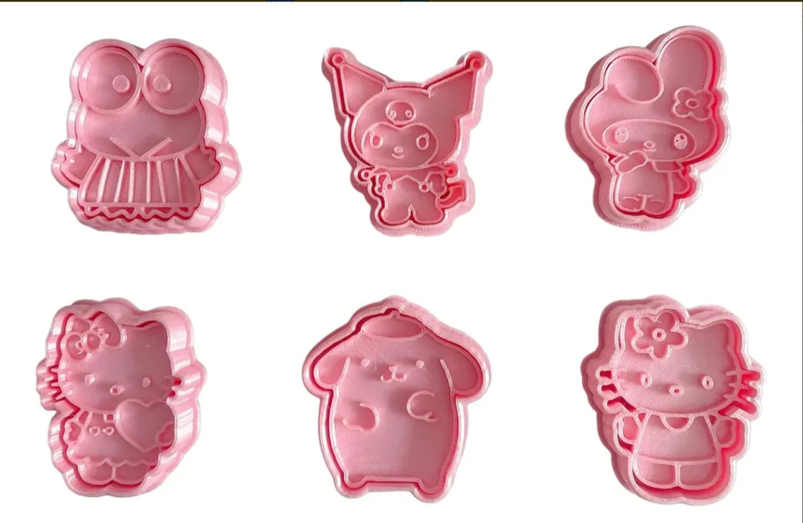 Cortadores y sellos de galletas, Set de 6 figuras de Anime Kawaii Gata Kitty 6cm para fondant, reposteria, galletas, masa fria y manualidades.