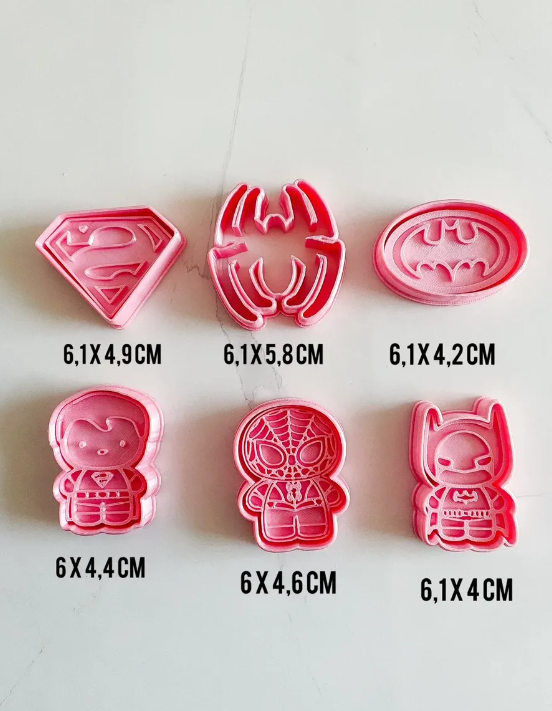 Cortadores y sellos de galletas, Set de 6 figuras de Superheroe, 6cm para fondant reposteria, galletas, masa fria y manualidades