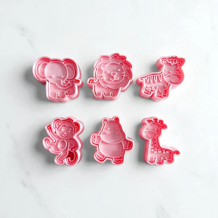 Cortadores y sellos de galletas Set de 6 figuras de Animales de la selva, leon, elefante de 5cm para fondant reposteria, galletas, masa fria y manualidades.
