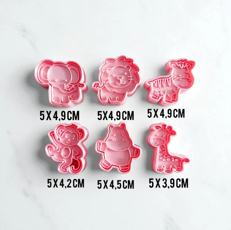 Cortadores y sellos de galletas Set de 6 figuras de Animales de la selva, leon, elefante de 5cm para fondant reposteria, galletas, masa fria y manualidades.