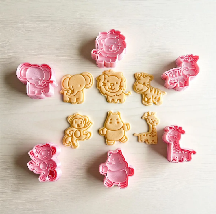 Cortadores y sellos de galletas Set de 6 figuras de Animales de la selva, leon, elefante de 5cm para fondant reposteria, galletas, masa fria y manualidades.