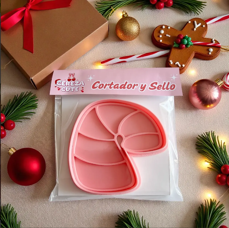 Cortador y sello de galletas de baston de caramelo de Navidad para fondant reposteria, galletas, masa fria y manualidades.