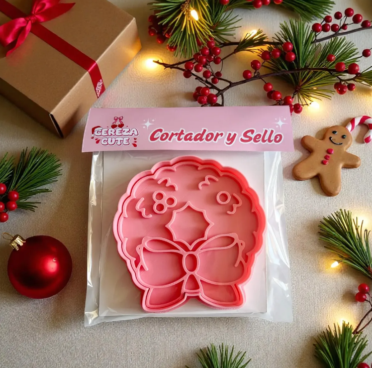 Cortador y sello de galletas Corona de guirnalda Navidad para fondant reposteria, galletas, masa fria y manualidades.