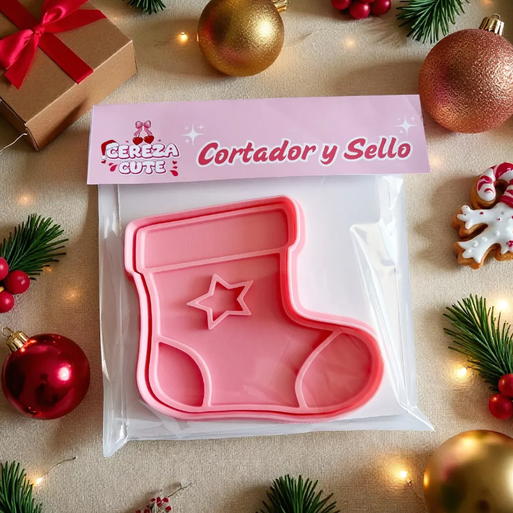 Cortador y sello de galletas Calcetin de Navidad para fondant reposteria, galletas, masa fria y manualidades.
