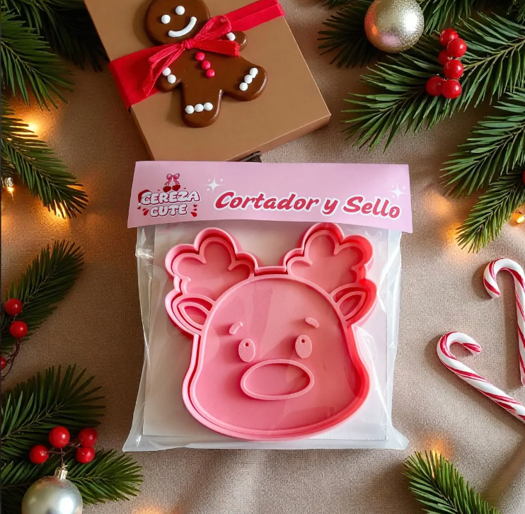 Cortador y sello de galletas de Reno Navidad para fondant reposteria, galletas, masa fria y manualidades.