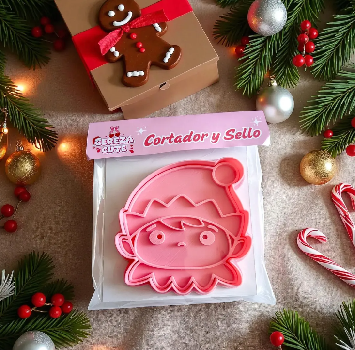 Cortador y sello de galletas de Duende de Navidad para fondant reposteria, galletas, masa fria y manualidades.