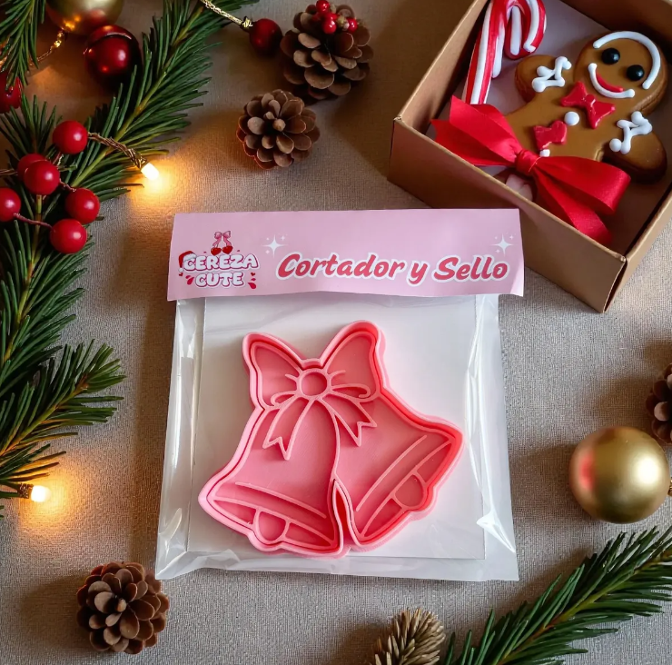 Cortador y sello de galletas de Campana de Navidad para fondant reposteria, galletas, masa fria y manualidades.
