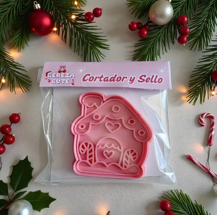 Cortador y sello de galletas de casa de Navidad para fondant reposteria, galletas, masa fria y manualidades.
