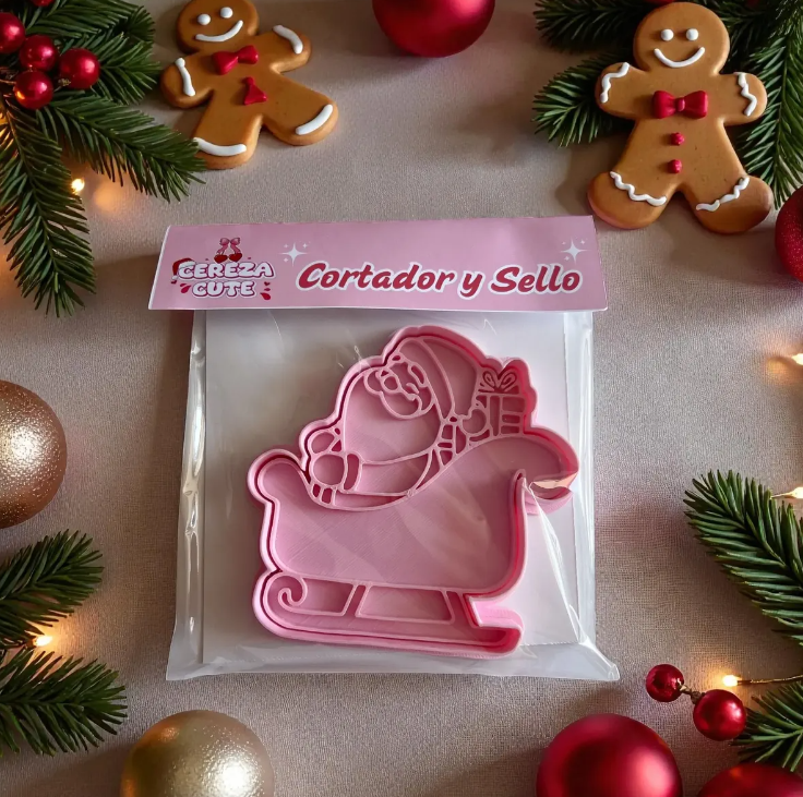 Cortador y sello de galletas de Carruaje de viejo pascuero Navidad para fondant reposteria, galletas, masa fria y manualidades.
