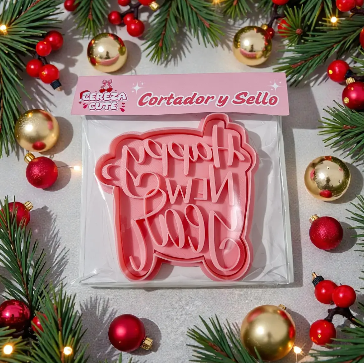 Cortador y sello de galleta Happy New Year Navidad para fondant reposteria, galletas, masa fria y manualidades.