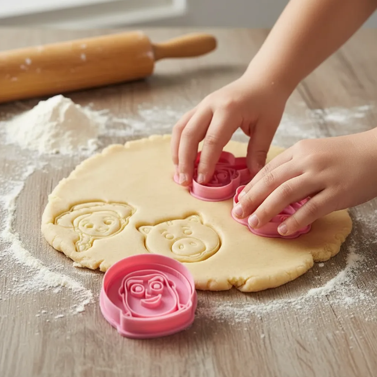 Cortadores y sellos de galletas Set de 8 diseños de juguetes animados de 5cm para fondant reposteria, galletas, masa fria y manualidades.