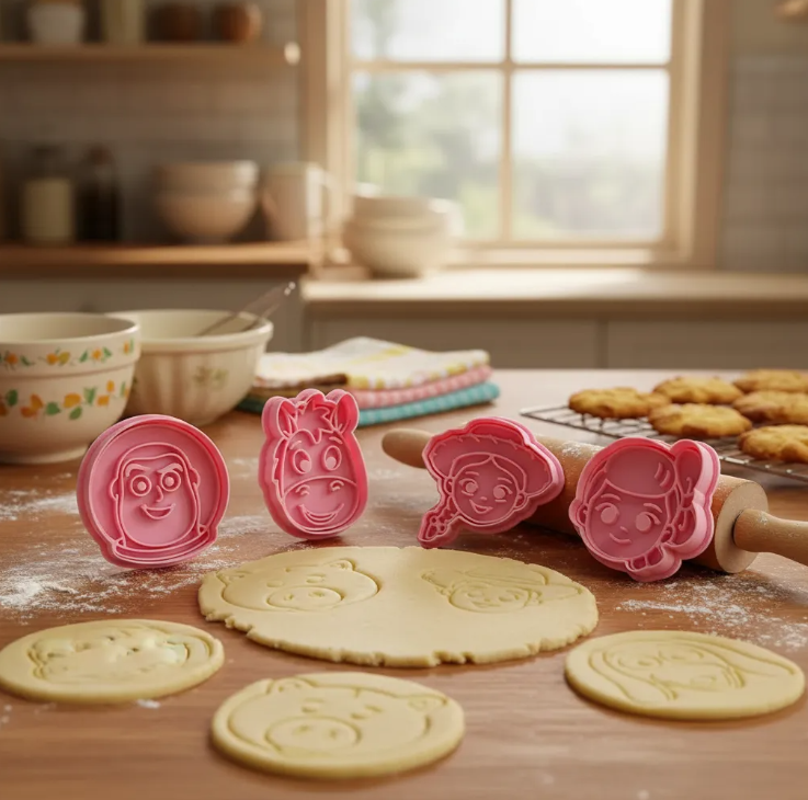 Cortadores y sellos de galletas Set de 8 diseños de juguetes animados de 5cm para fondant reposteria, galletas, masa fria y manualidades.