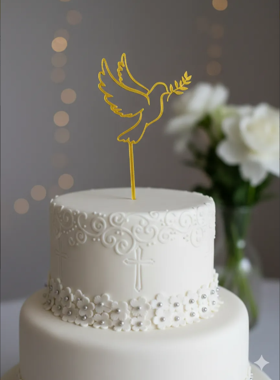 Topper decorativo Adorno Paloma Bautizo Comunion Dorado para Tortas, reposteria.