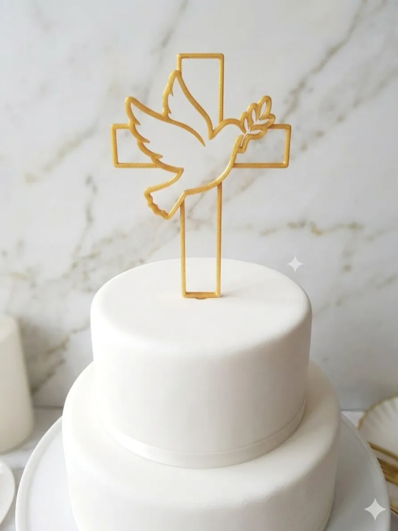 Topper decorativo Adorno Paloma con cruz Dorado, Bautizo y comunion para Tortas, reposteria.