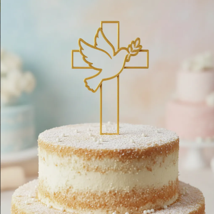 Topper decorativo Adorno Paloma con cruz Dorado, Bautizo y comunion para Tortas, reposteria.