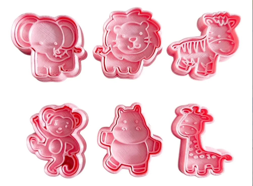 Cortadores y sellos de galletas Set de 6 figuras de Animales de la selva, leon, elefante de 5cm para fondant reposteria, galletas, masa fria y manualidades.