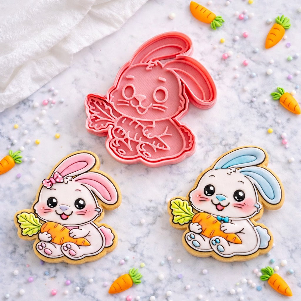 Cortador y sello de galleta conejo con zanahoria para fondant reposteria, galletas, masa fria y manualidades.