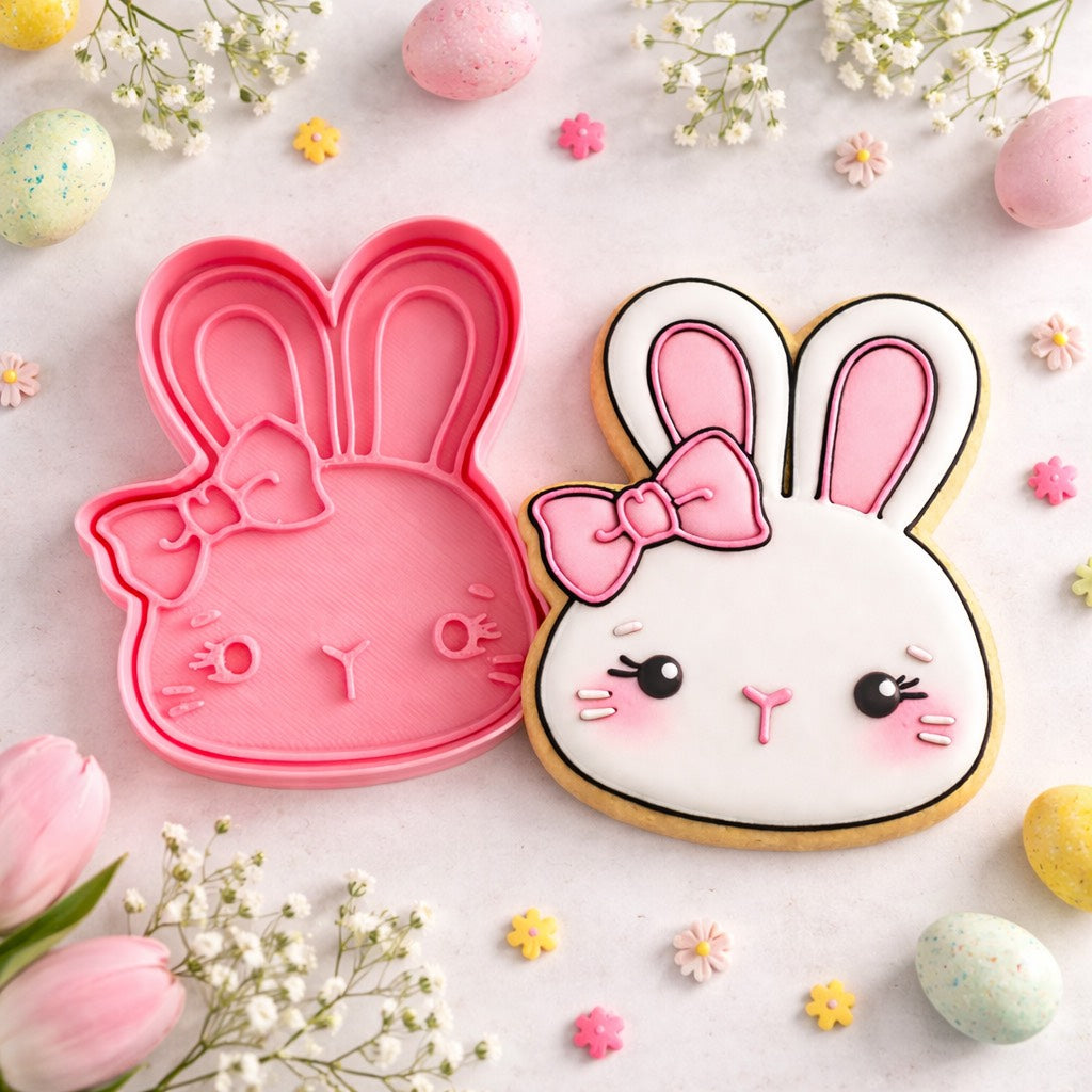 Cortador y sello de galleta coneja con lazito pascua para fondant reposteria, galletas, masa fria y manualidades.