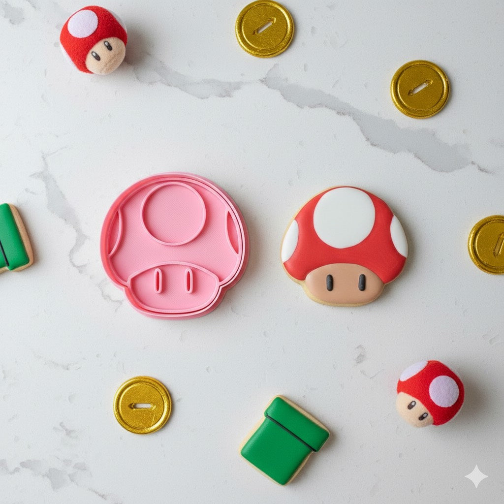 Cortador y sello de galleta Hongo de Mario Pelicula para fondant reposteria, galletas, masa fria y manualidades.