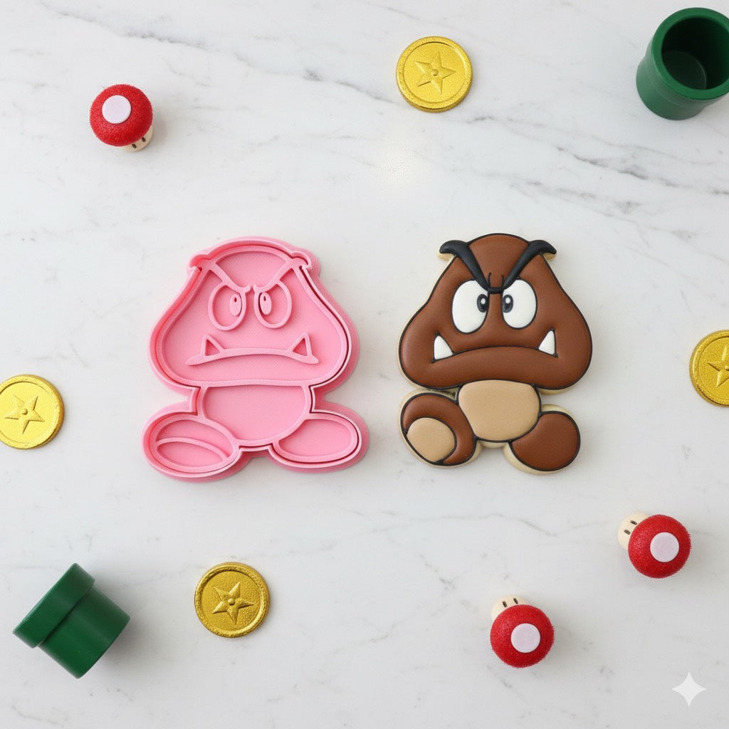 Cortador y sello de galleta Hongo goomba de Mario Pelicula para fondant reposteria, galletas, masa fria y manualidades.