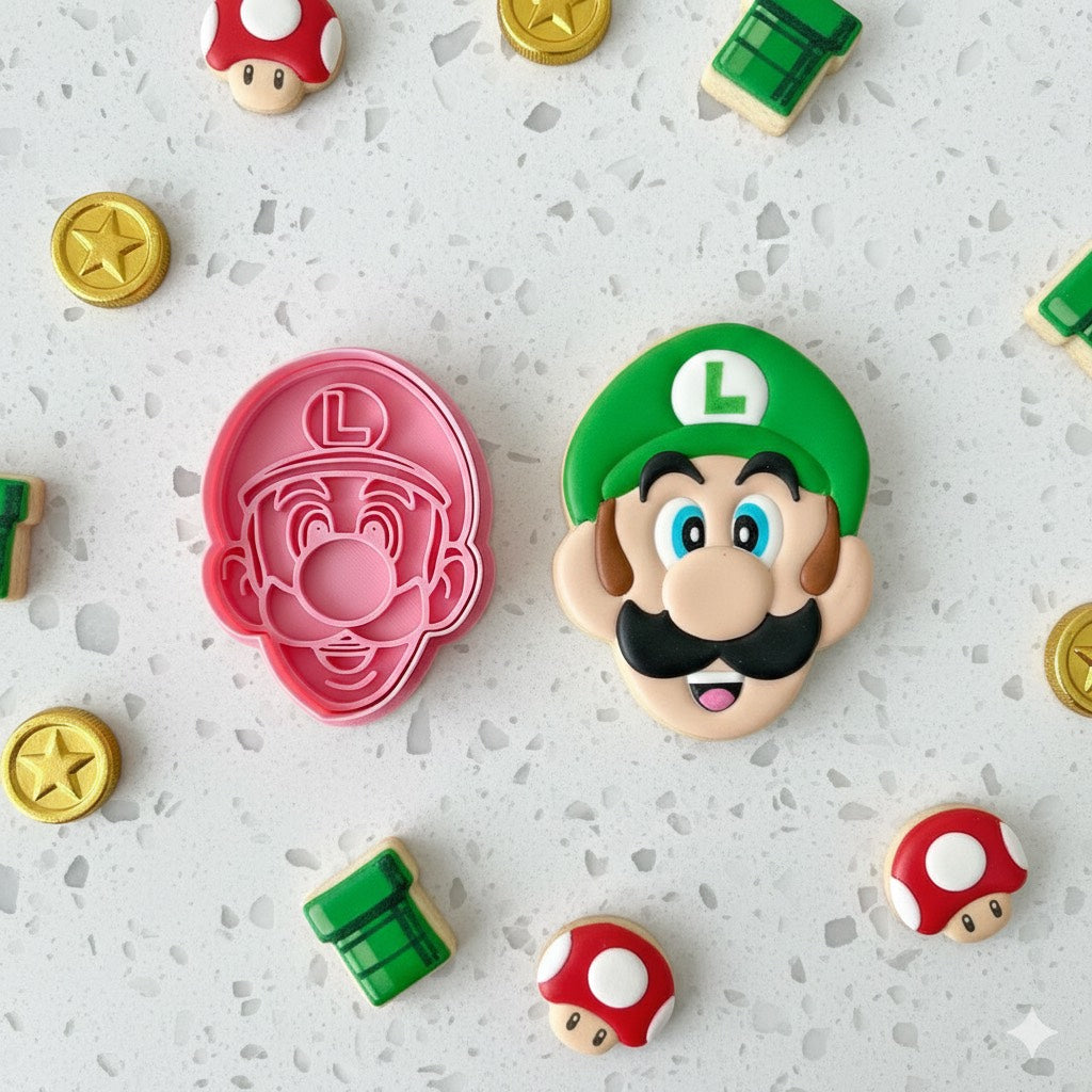 Cortador y sello de galleta Luigi de Mario Pelicula para fondant reposteria, galletas, masa fria y manualidades.