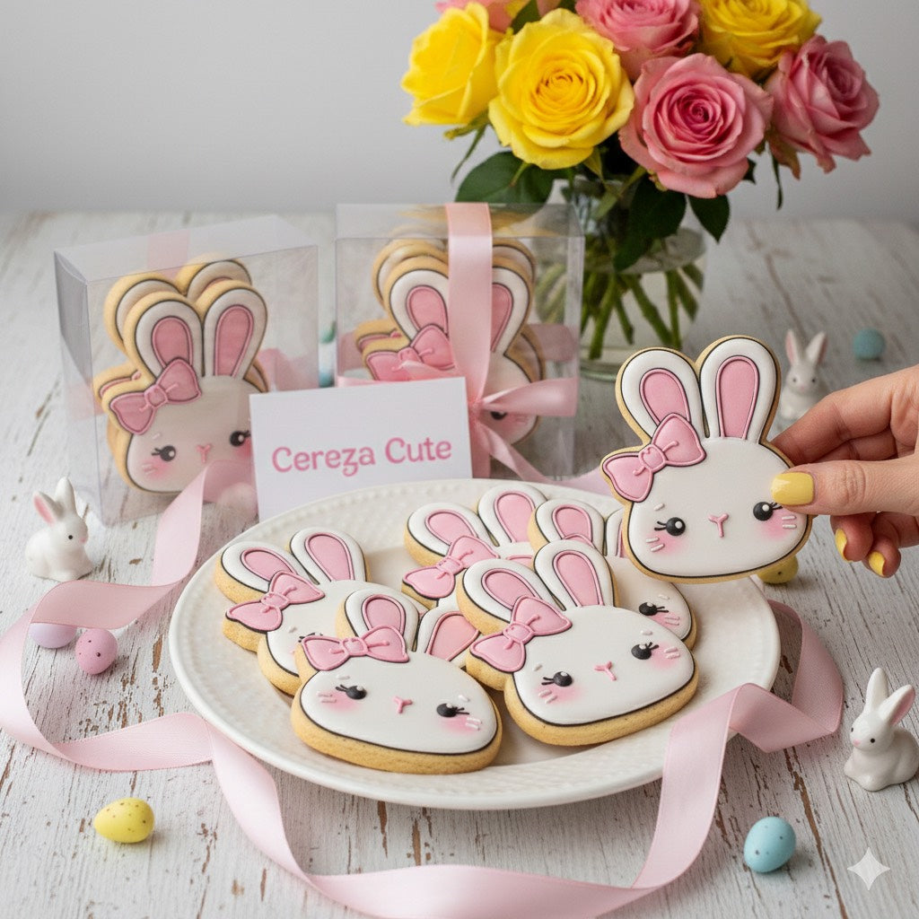 Cortador y sello de galleta coneja con lazito pascua para fondant reposteria, galletas, masa fria y manualidades.