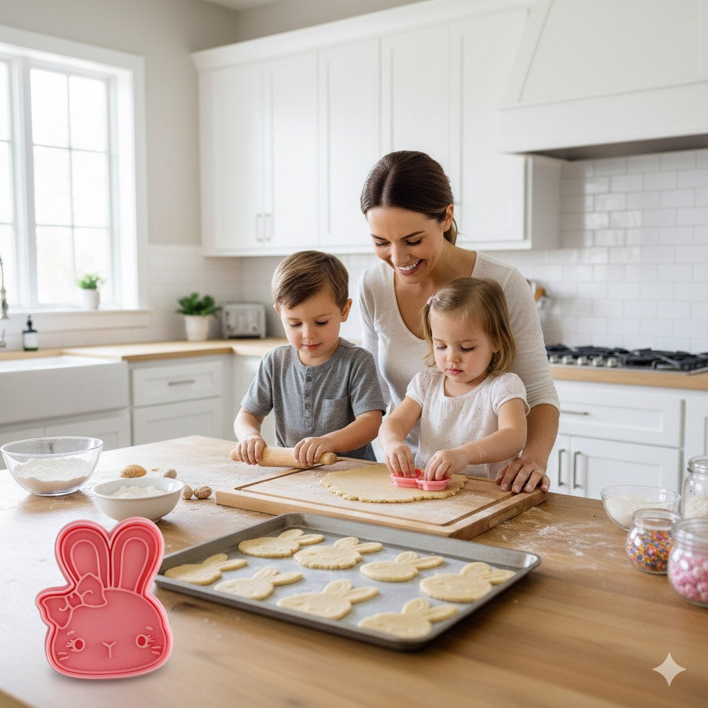 Cortador y sello de galleta coneja con lazito pascua para fondant reposteria, galletas, masa fria y manualidades.