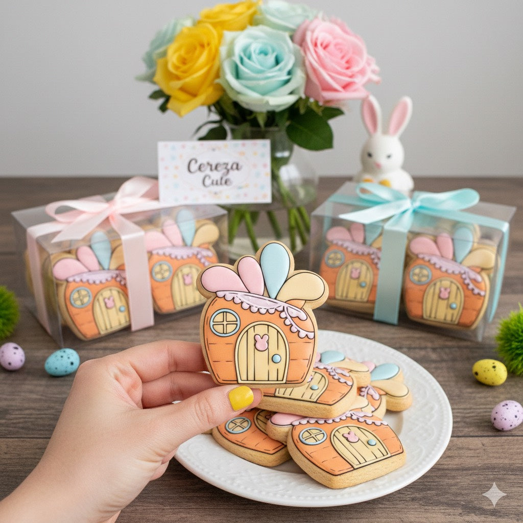 Cortador y sello de galleta casa de zanahoria pascua para fondant reposteria, galletas, masa fria y manualidades.