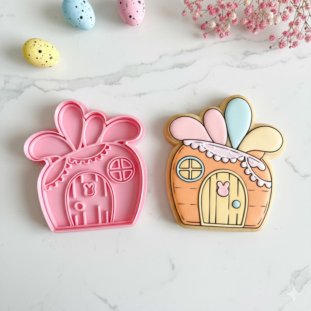 Cortador y sello de galleta casa de zanahoria pascua para fondant reposteria, galletas, masa fria y manualidades.