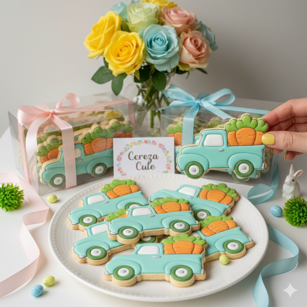 Cortador y sello de galleta auto con zanahoria pascua para fondant reposteria, galletas, masa fria y manualidades.