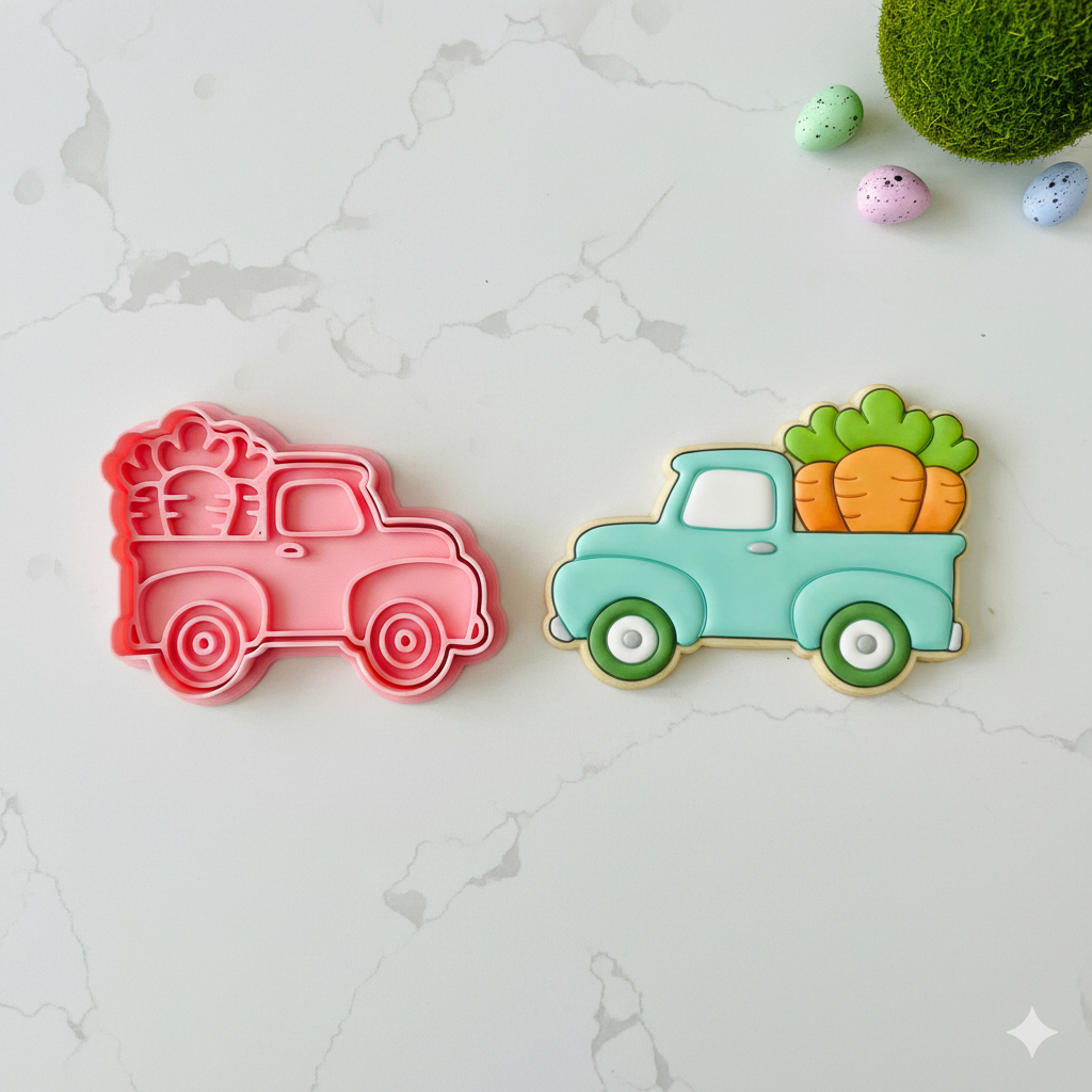 Cortador y sello de galleta auto con zanahoria pascua para fondant reposteria, galletas, masa fria y manualidades.