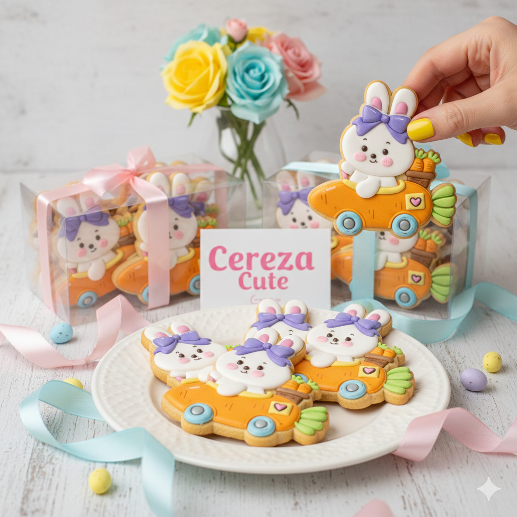 Cortador y sello de galleta Conejo Auto con zanahoria pascua para fondant reposteria, galletas, masa fria y manualidades.