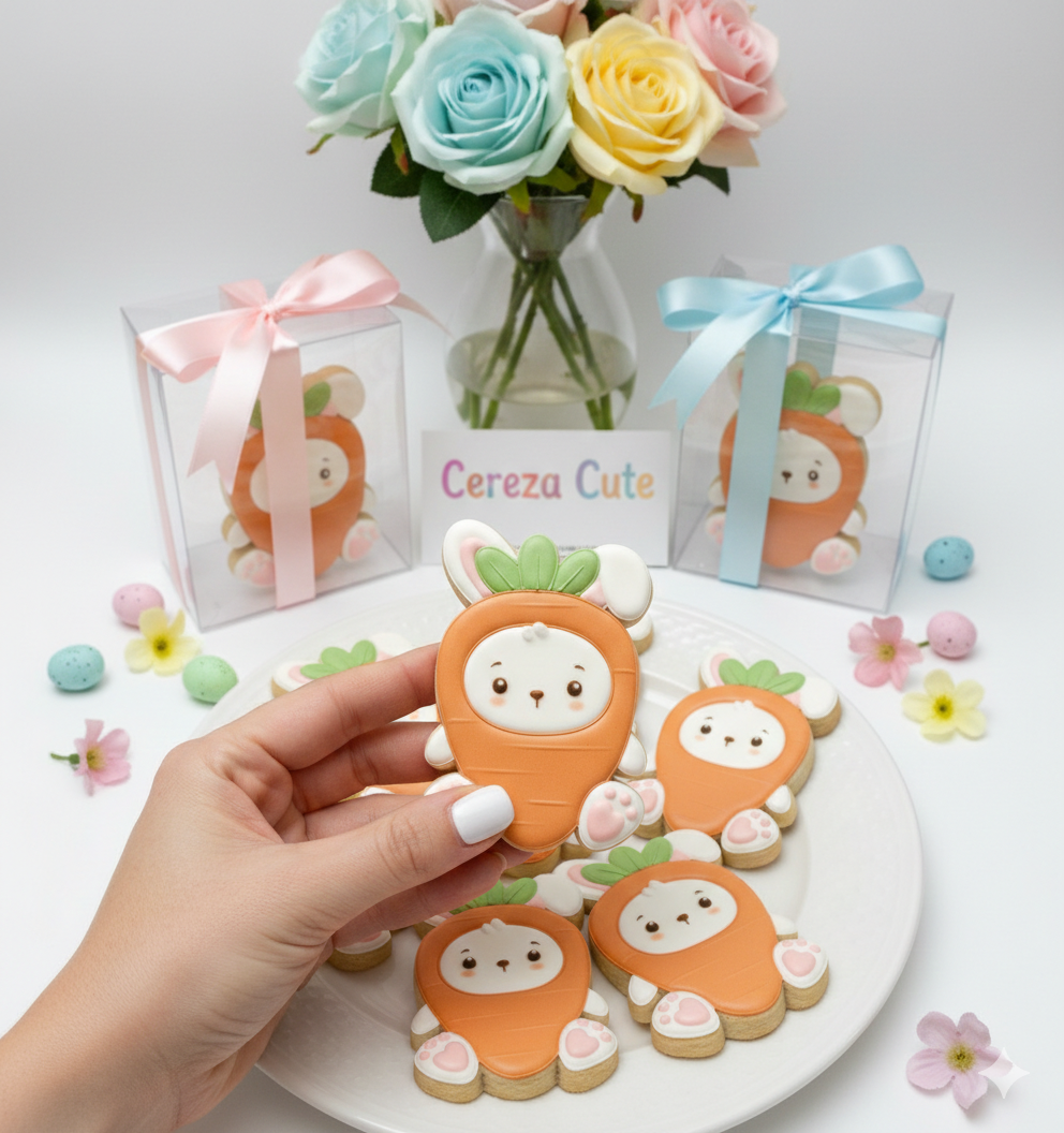 Cortador y sello de galleta Conejo disfrazado de Zanahoria pascua para fondant reposteria, galletas, masa fria y manualidades.