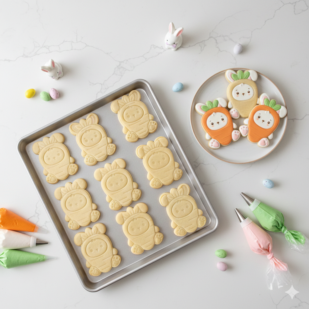 Cortador y sello de galleta Conejo disfrazado de Zanahoria pascua para fondant reposteria, galletas, masa fria y manualidades.