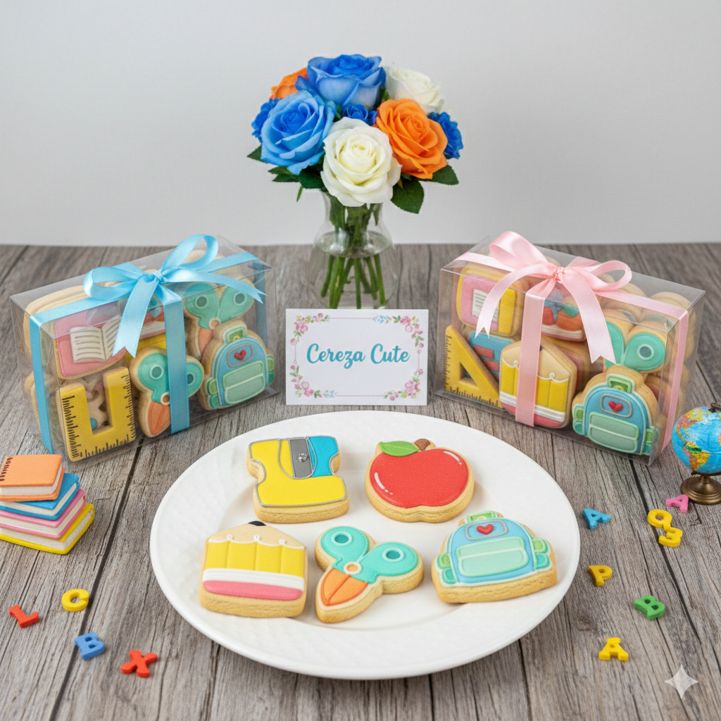 Cortadores y sellos de galletas Set de 5 figuras de KIT Escolar, lapiz, tijera de 5cm para fondant reposteria, galletas, masa fria y manualidades.