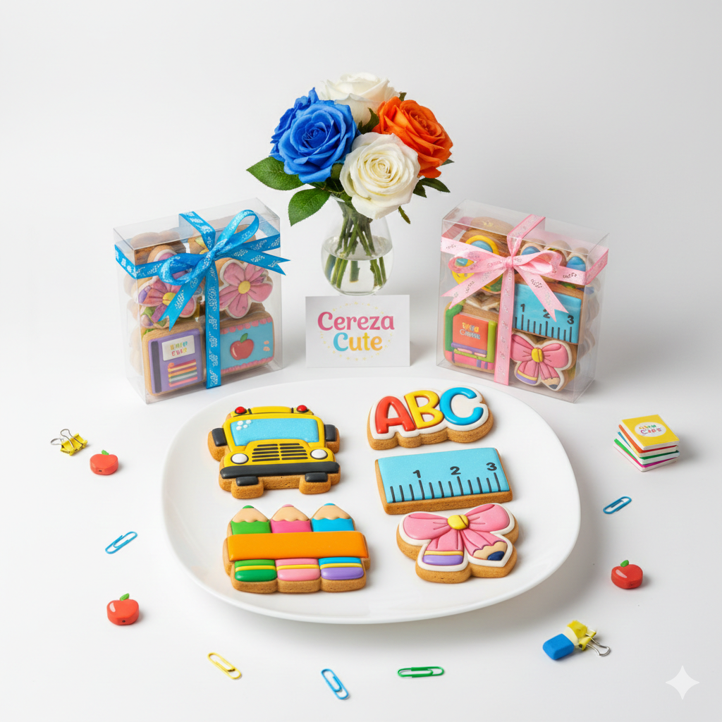 Cortadores y sellos de galletas Set de 5 figuras de KIT Escolar, lapiz, tijera de 5cm para fondant reposteria, galletas, masa fria y manualidades.
