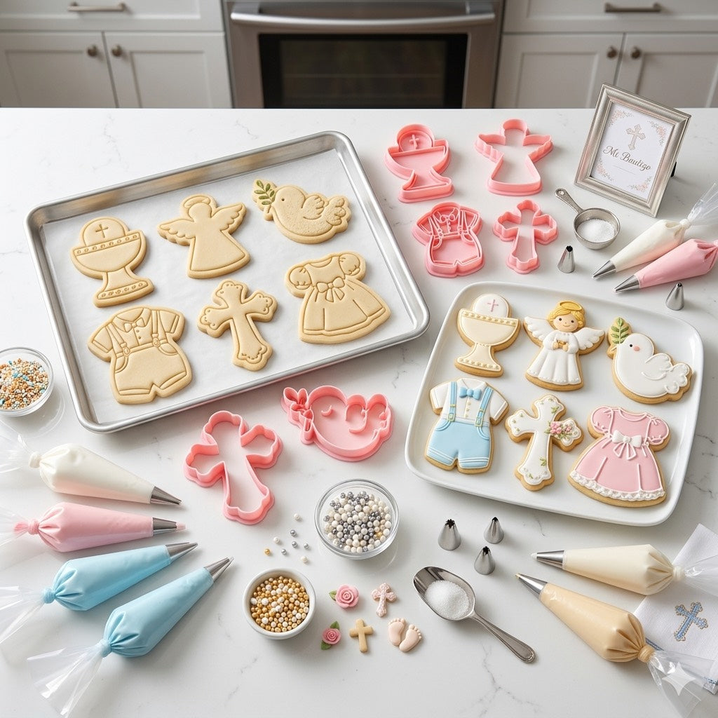 Cortadores y sellos de galletas Set de 6 diseños de Bautizo, comunion y confirmacion, Religion, de 5cm para fondant reposteria, galletas, masa fria y manualidades.